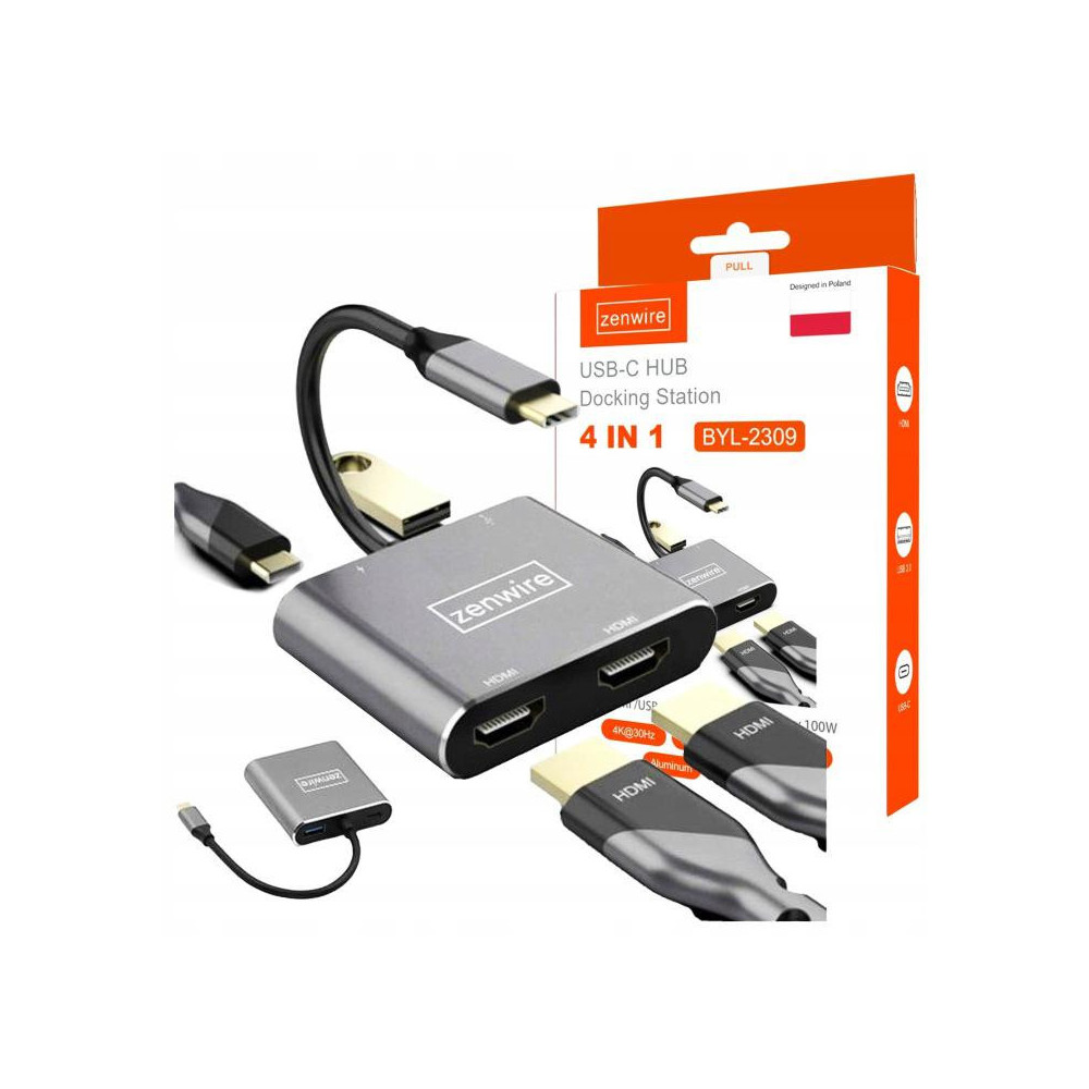 Adapter hub przejściówka usb- c 4w1 2x hdmi 4k usb 3.0 zenwire byl-2309
