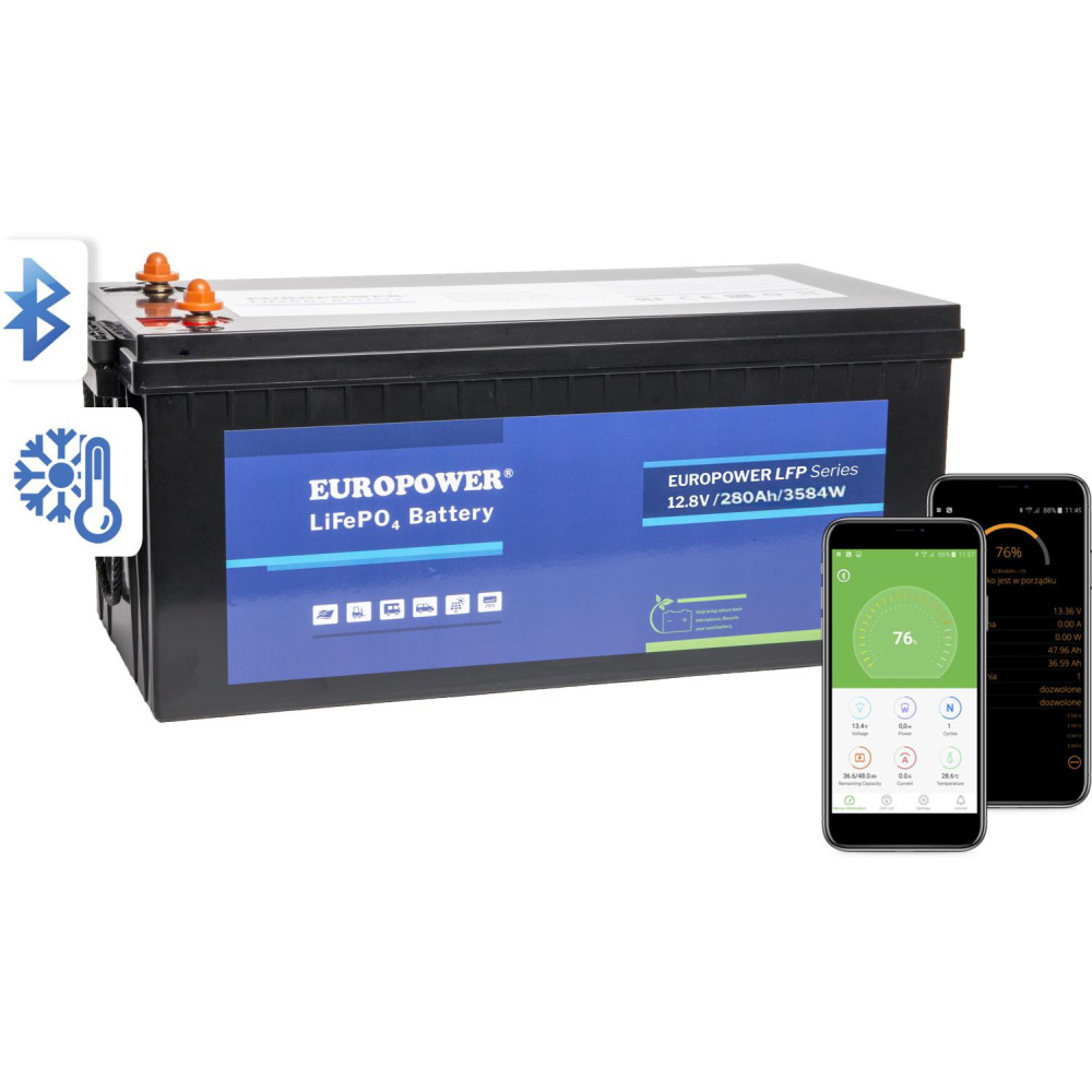 Akumulator lifepo4 europower serii lfp 12,8v 280ah bluetooth, mata grzewcza (żywotność ~4000 cykli)