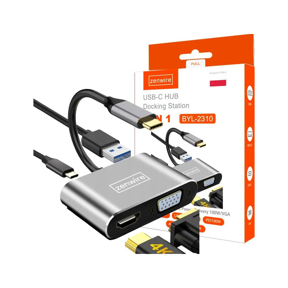 Adapter hub przejściówka usb-c 4w1 hdmi 4k vga usb zenwire byl-2310