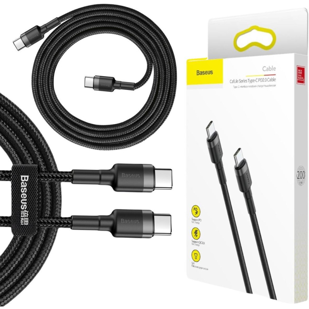 Kabel Usb-C -  Usb-C Baseus Cafule Catklf-Hg1 200Cm 60W 3A Pd 2.0 Qc 3.0 Czarno-Szary W Oplocie