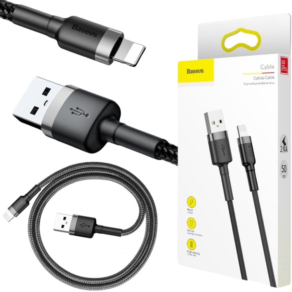 Kabel Usb-A -  Lightning / Iphone Baseus Cafule Calklf-Ag1 50Cm Apple 2.4A Czarno-Szary W Oplocie