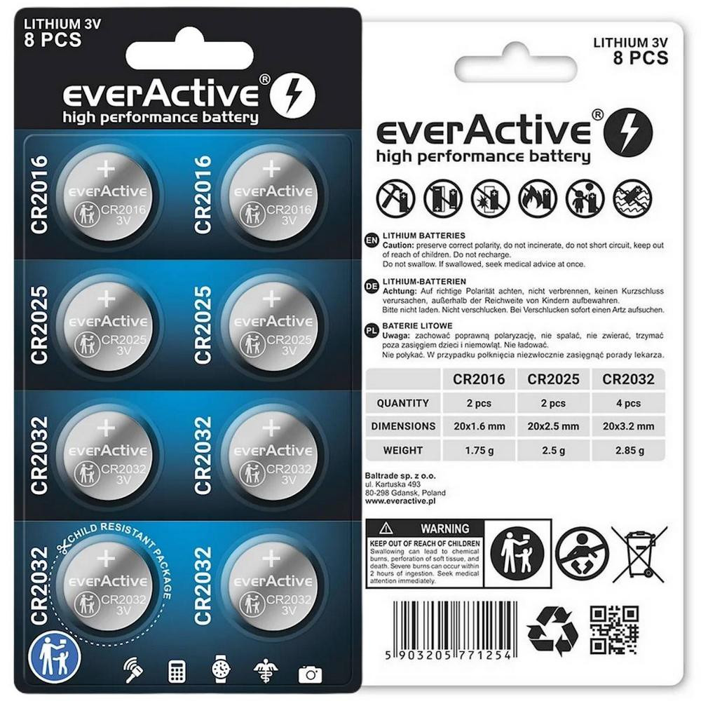 Zestaw 8 Baterii 3,0V 4X Cr2032 2X Cr2025 2X Cr2016 Everactive