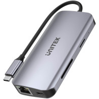 Unitek d1122a01 aktywny hub usb-c 5gbps, 2x hdmi 4k, czytnik kart, rj-45, pd 100w