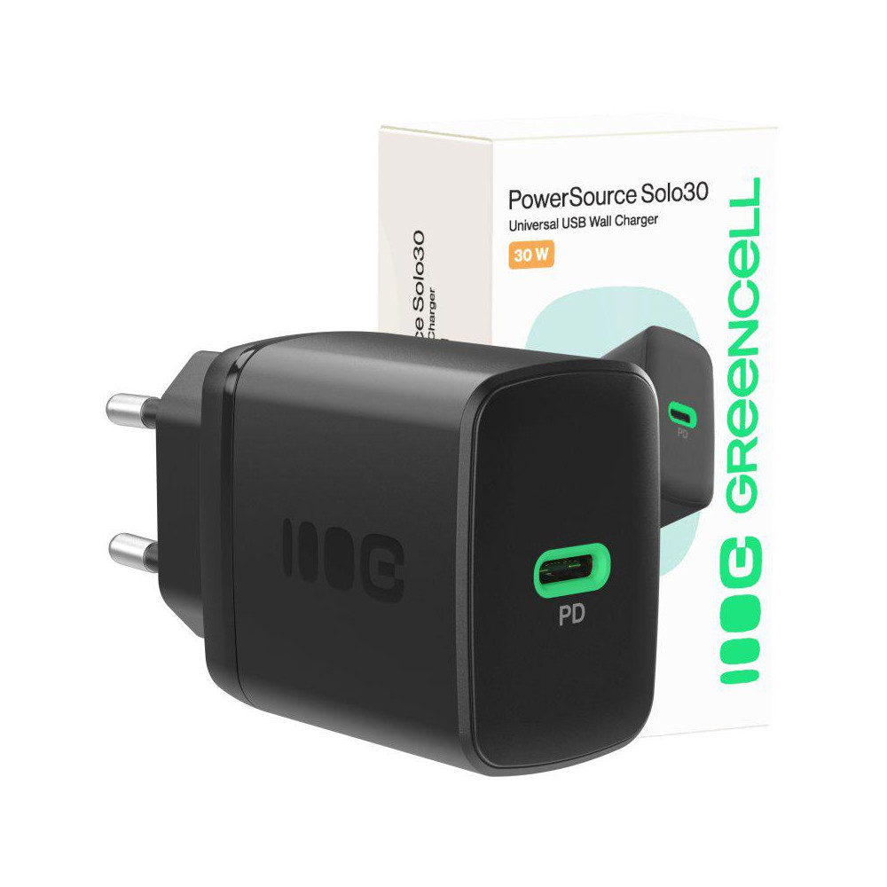 Ładowarka sieciowa greencell powersource solo30 30w 1xusb-c pd 3.0 qc 4.0+ czarna