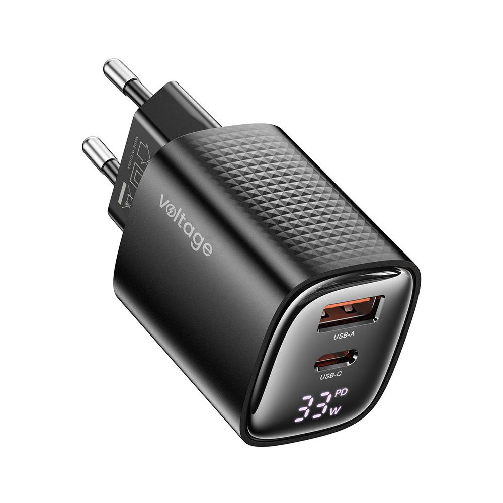 Ładowarka sieciowa voltage gan charger mini 33w pd 3.0 qc 3.0 usb-a usb-c digital display czarna