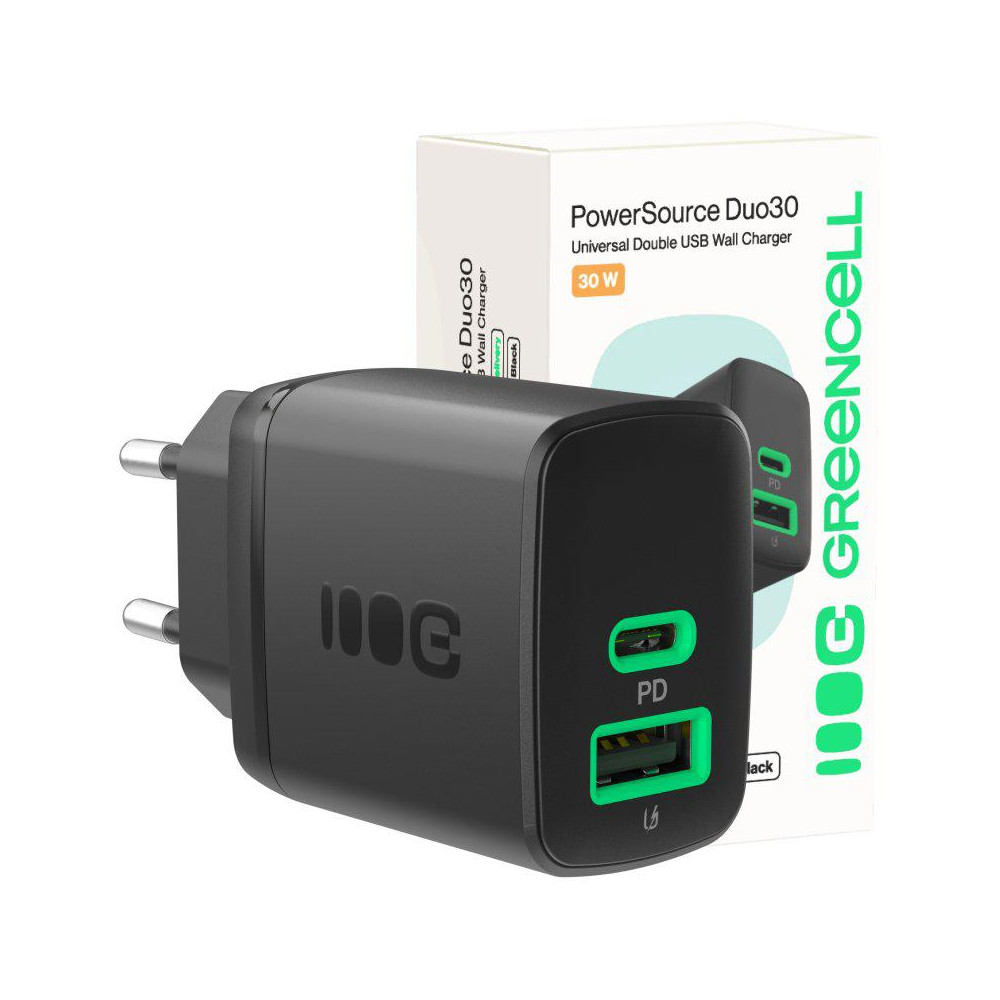 Ładowarka sieciowa greencell powersource duo30 30w 1xusb-c 1xusb-a pd 3.0 qc 4.0+ czarna