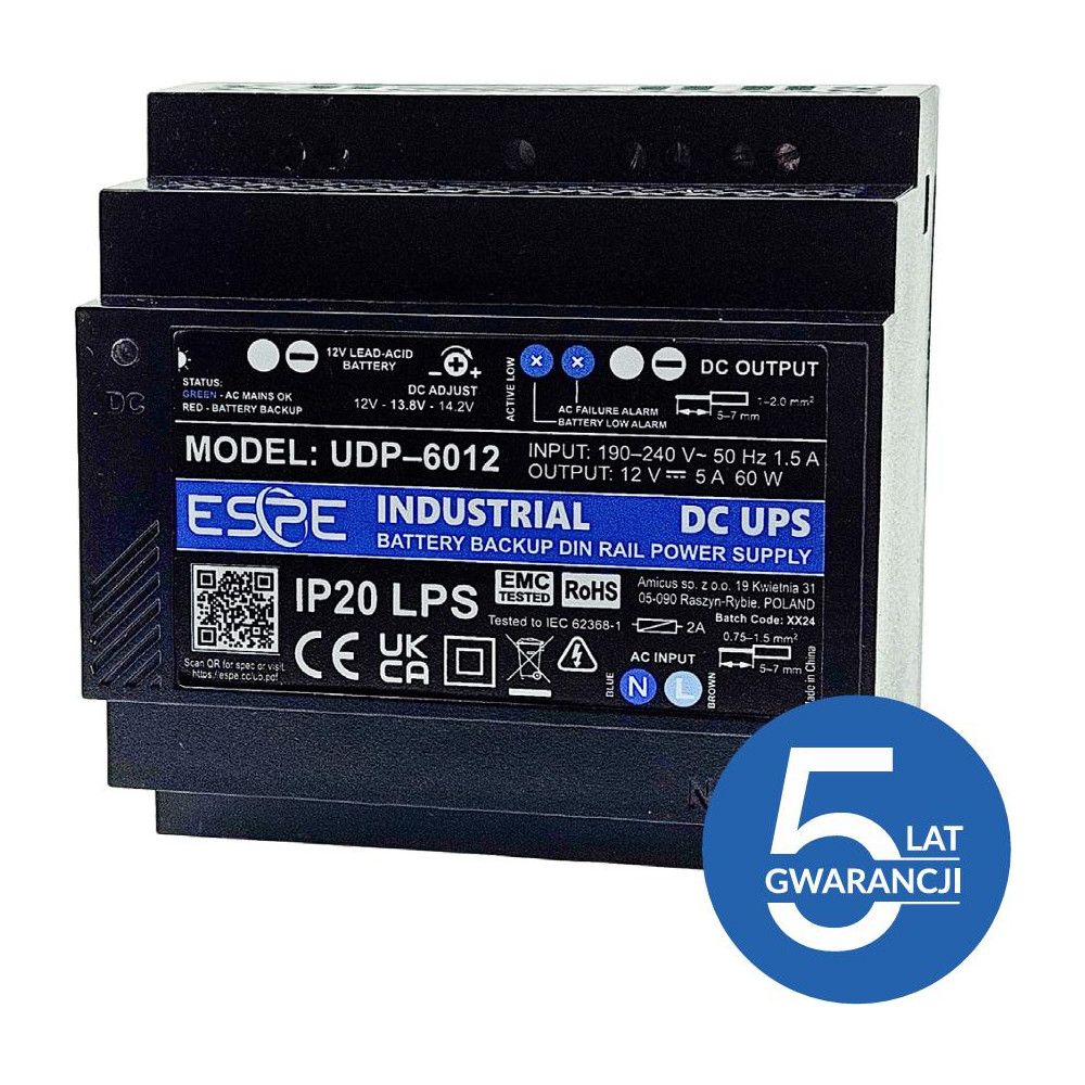 Zasilacz impulsowy buforowy na szynę din espe udp-6012 12 v 60 w 5 a