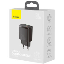Ładowarka sieciowa baseus compact quick charger ccxj-b01 20w 1x usb-a 1x usb-c pd 3.0 qc 3.0 czarna